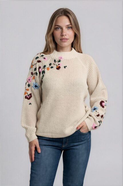 Virgin Wool Sweater with Floral Embroidery<br/> - Image 2