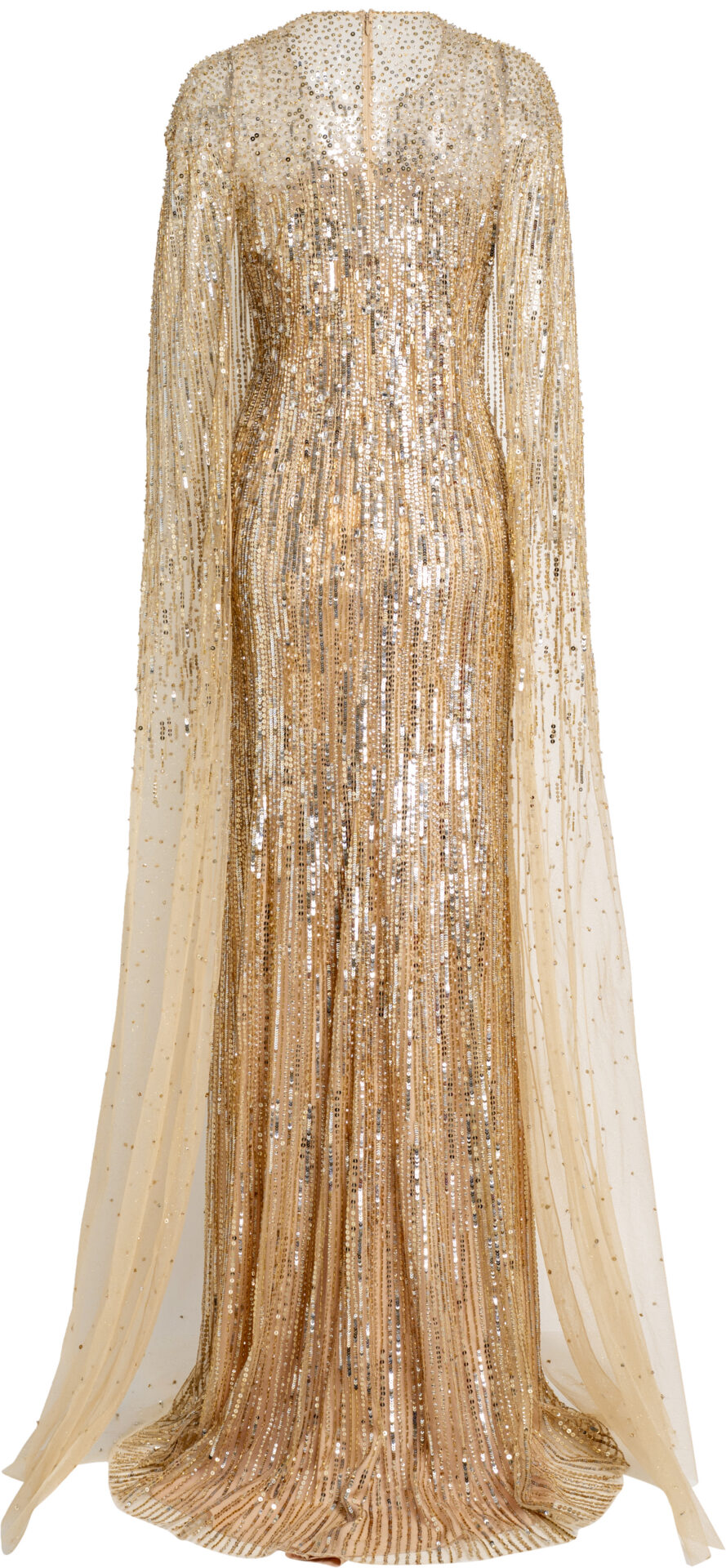 Floor-Length Evening Gown with Sequins and Flowing Cape Panels – Popp ...