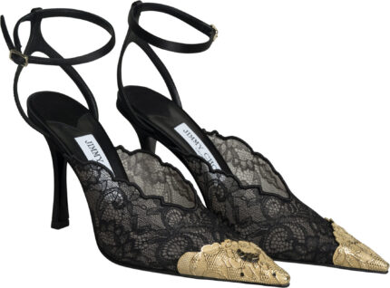 Luxury Lace Pumps with Gold-Tone Toe Cap and Delicate Ankle Strap - Image 2
