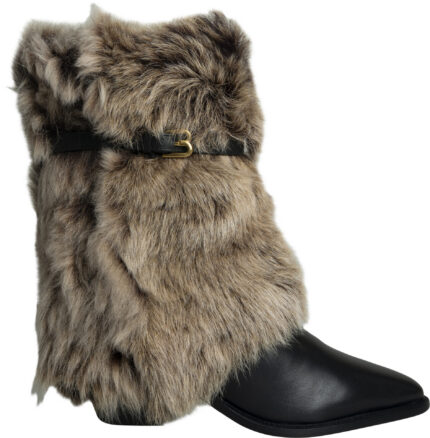 Statement Ankle Boots with Voluminous Fur Trim and Gold-Tone Buckle